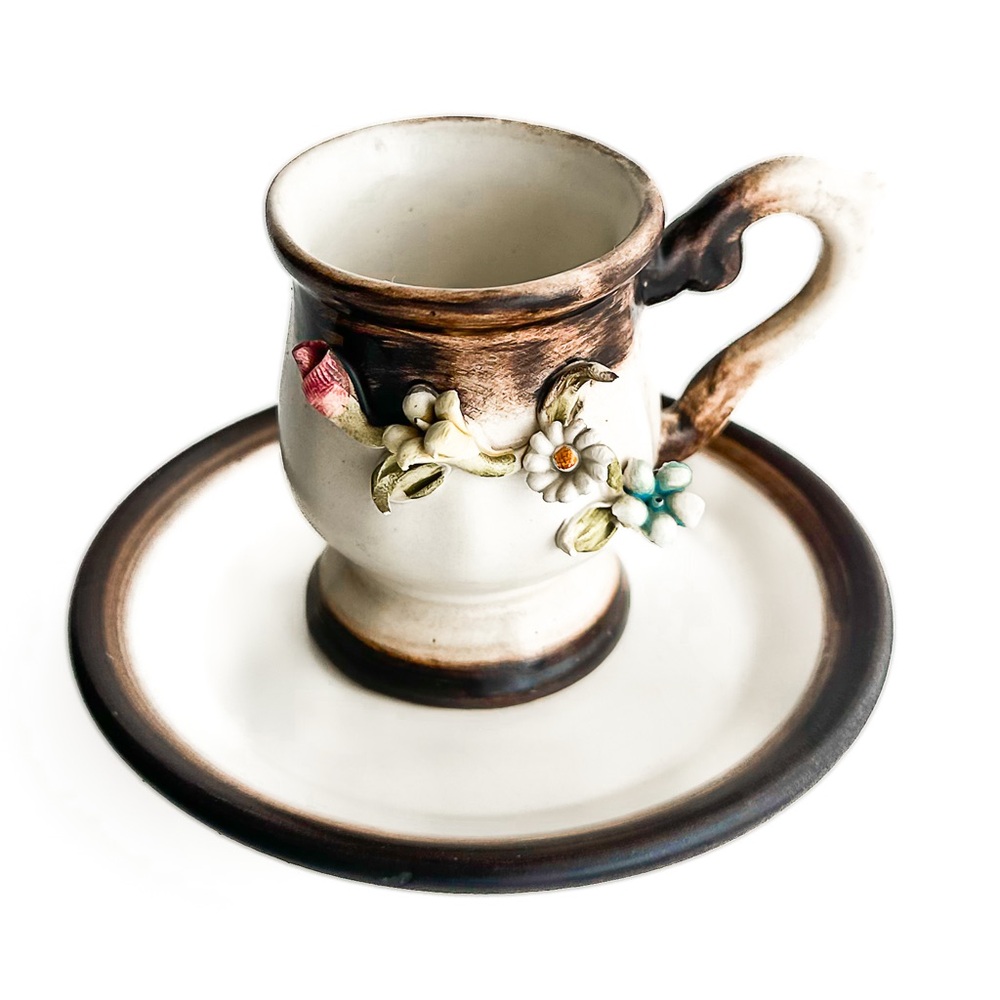 Nuova Capodimonte Italian Cream and Brown Ceramic Art Cup and Saucer